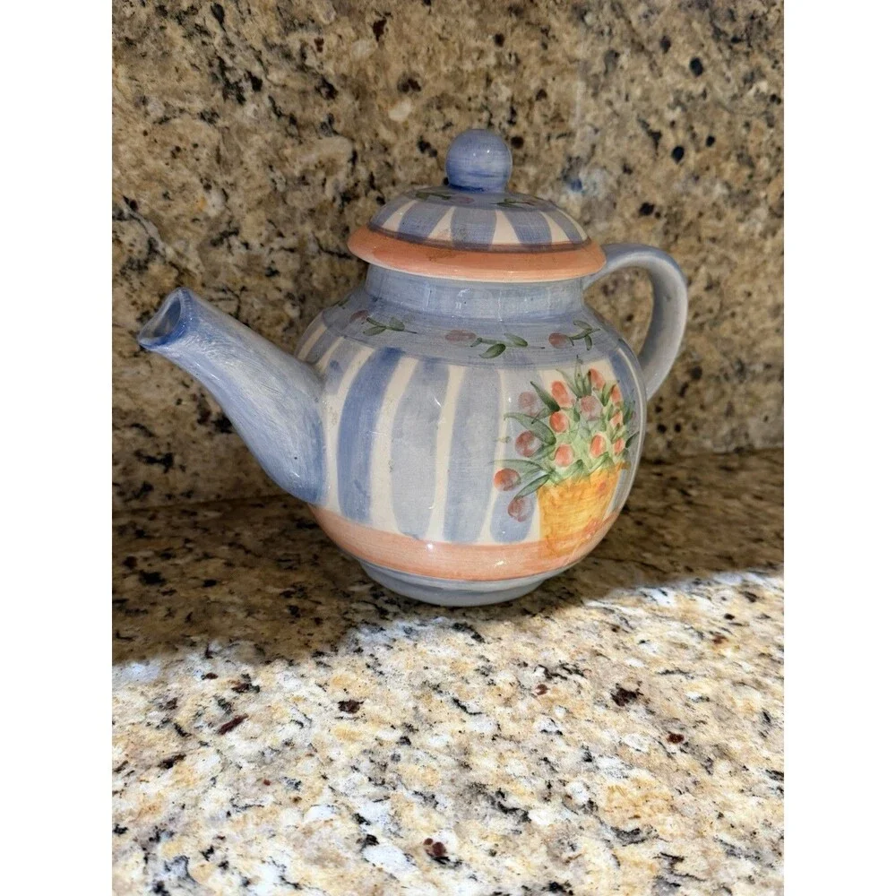 Vintage Pat Wade Design 1993 Hand Painted Ceramic Teapot Floral Philippines Lid